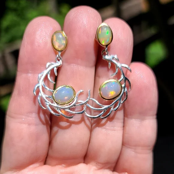 Opal feather sterling earrings - Picture 4 of 6